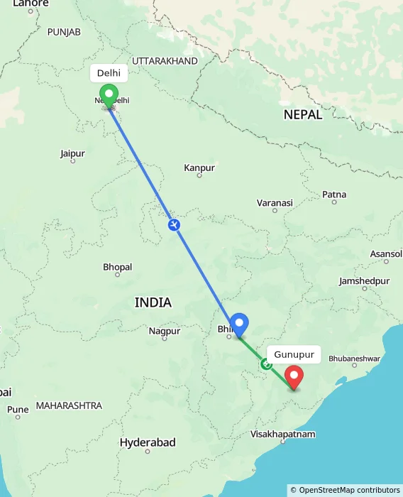 Route map showing distance and travel time from Delhi, India to Gunupur, India