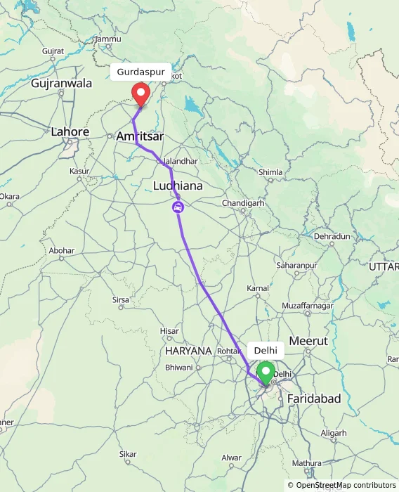 Route map showing distance and travel time from Delhi, India to Gurdaspur, India