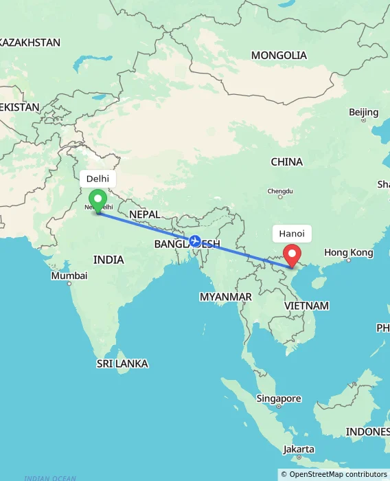 Route map showing distance and travel time from Delhi, India to Hanoi, Vietnam