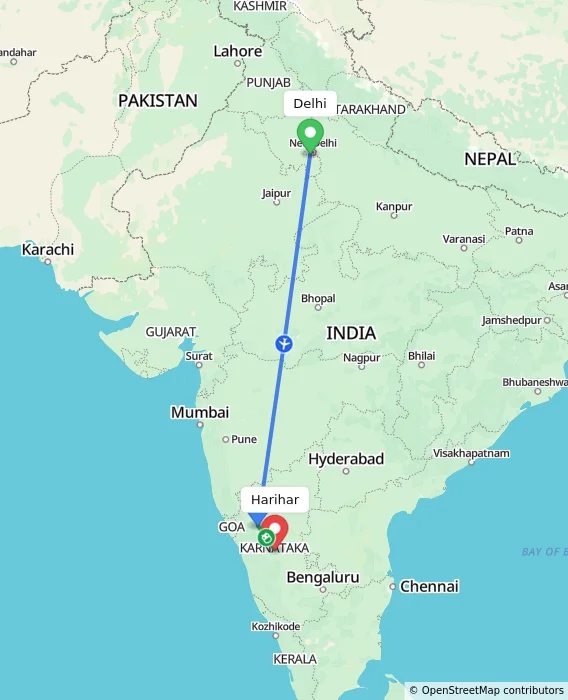 Route map showing distance and travel time from Delhi, India to Harihar, India