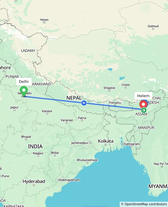 Route map showing distance and travel time from Delhi, India to Helem, India