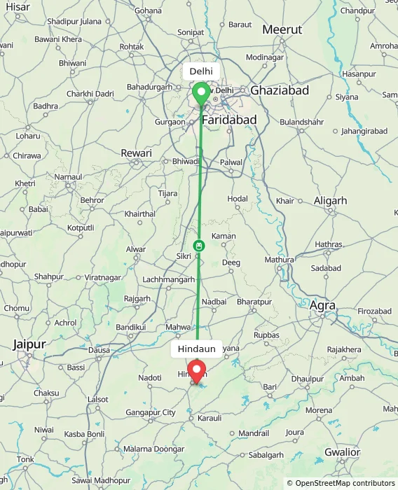 Route map showing distance and travel time from Delhi, India to Hindaun, India