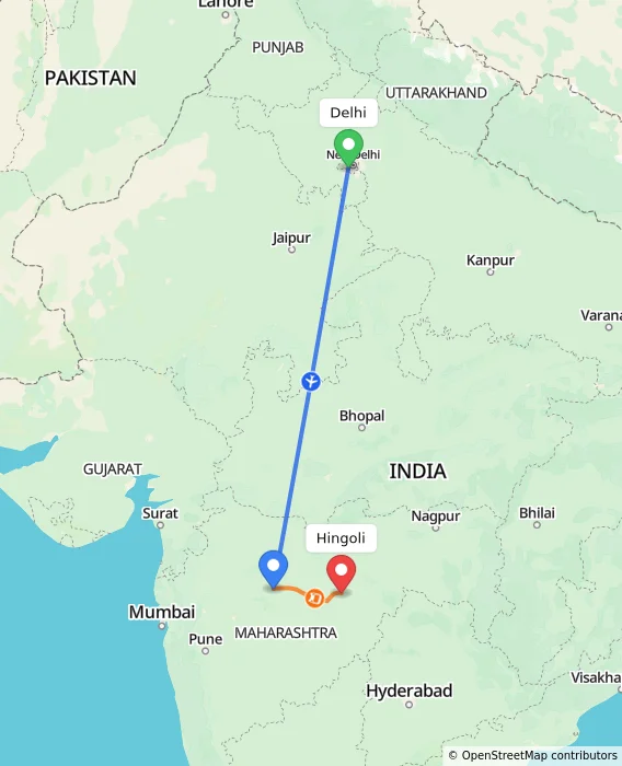 Route map showing distance and travel time from Delhi, India to Hingoli, India