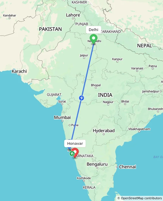 Route map showing distance and travel time from Delhi, India to Honavar, India