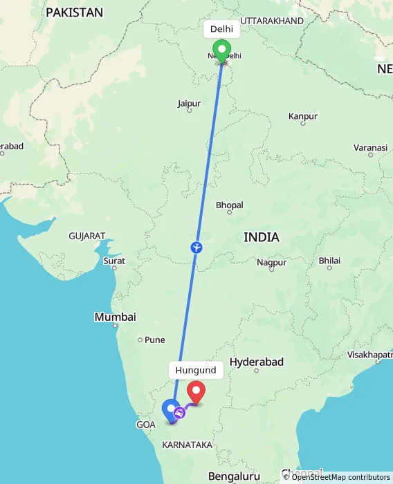 Route map showing distance and travel time from Delhi, India to Hungund, India