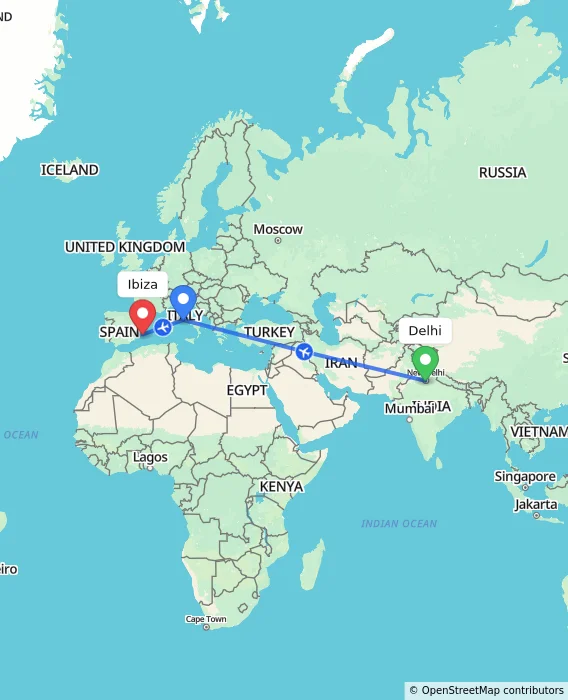 Route map showing distance and travel time from Delhi, India to Ibiza, Spain