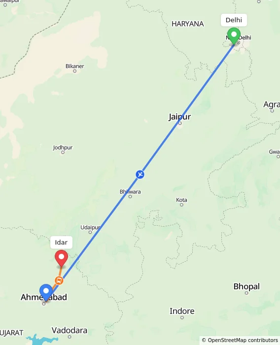Route map showing distance and travel time from Delhi, India to Idar, India