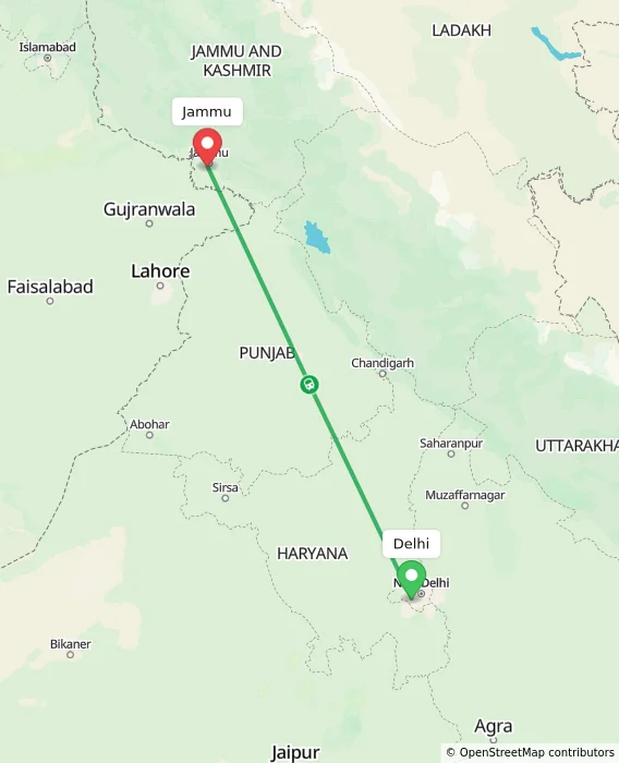 Route map showing distance and travel time from Delhi, India to Jammu, India