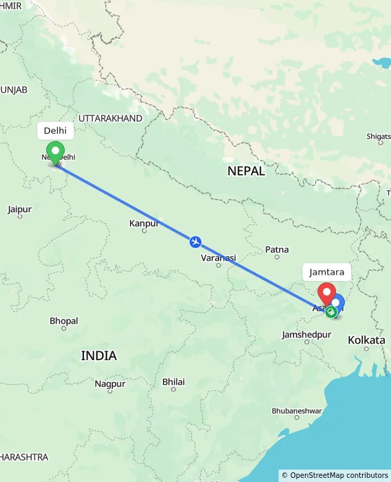 Route map showing distance and travel time from Delhi, India to Jamtara, India
