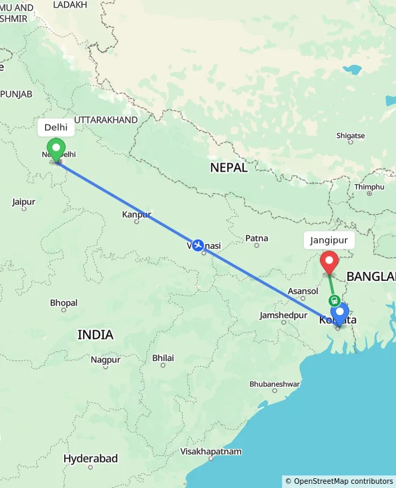 Route map showing distance and travel time from Delhi, India to Jangipur, India