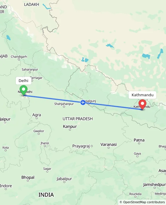 Route map showing distance and travel time from Delhi, India to Kathmandu, Nepal