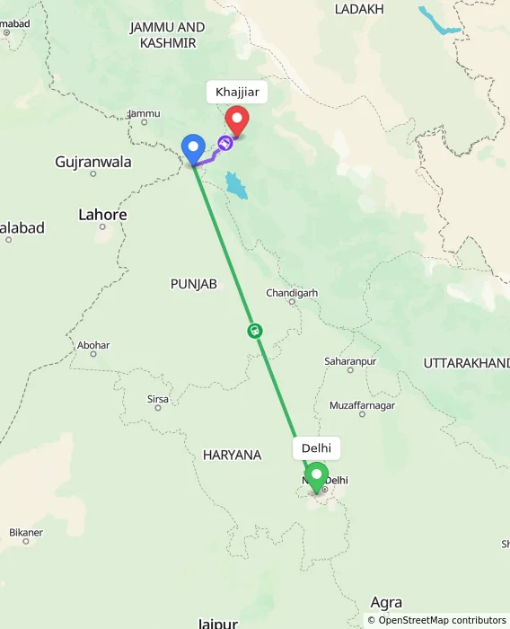 Route map showing distance and travel time from Delhi, India to Khajjiar, India