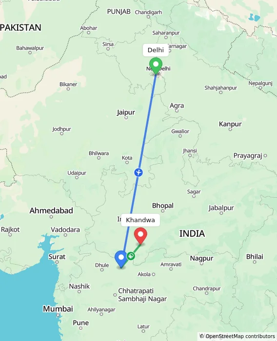 Route map showing distance and travel time from Delhi, India to Khandwa, India