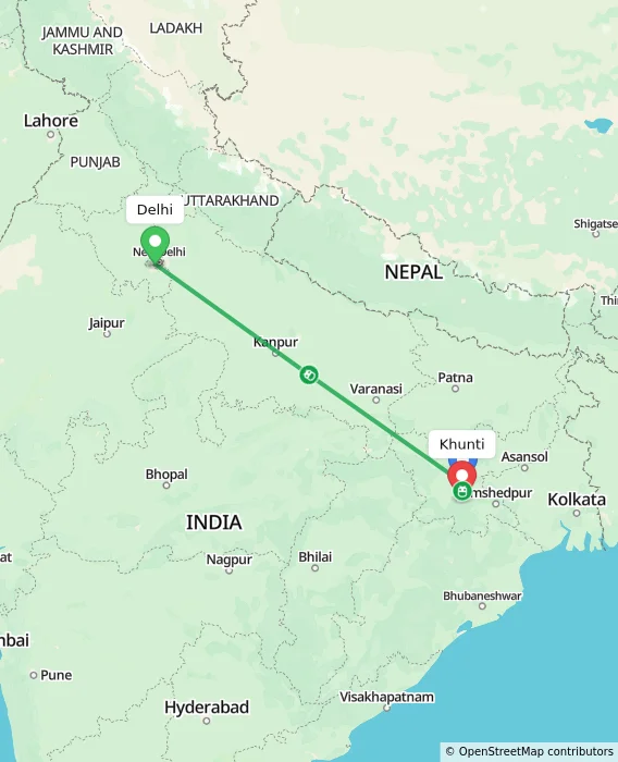 Route map showing distance and travel time from Delhi, India to Khunti, India