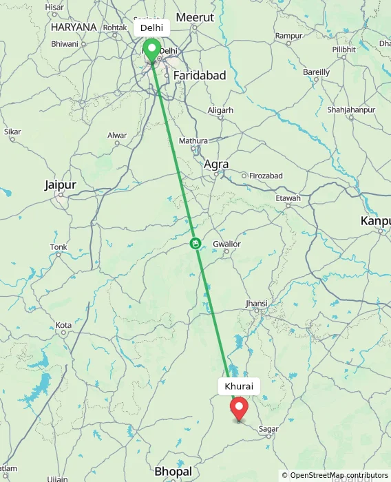 Route map showing distance and travel time from Delhi, India to Khurai, India