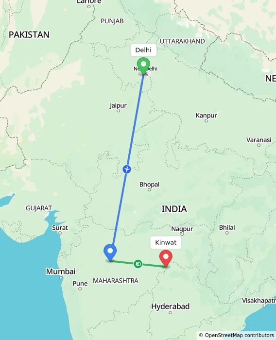 Route map showing distance and travel time from Delhi, India to Kinwat, India