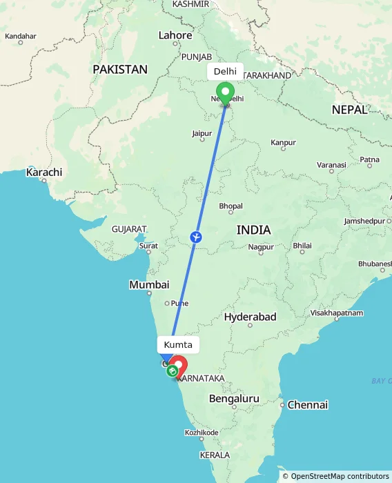 Route map showing distance and travel time from Delhi, India to Kumta, India