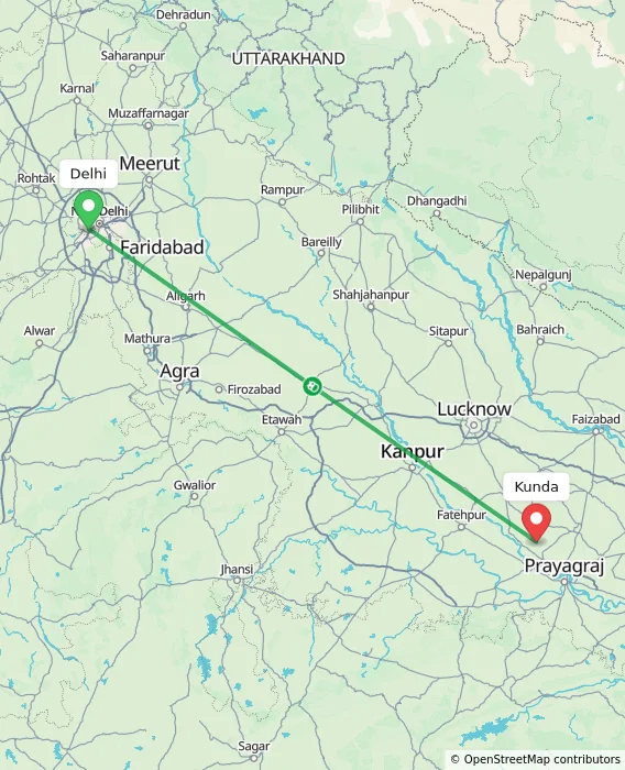 Route map showing distance and travel time from Delhi, India to Kunda, India