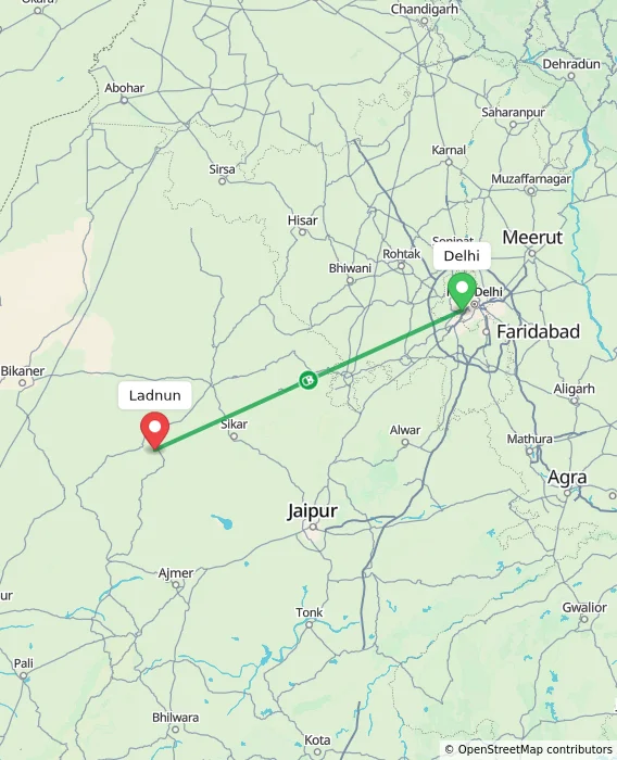 Route map showing distance and travel time from Delhi, India to Ladnun, India