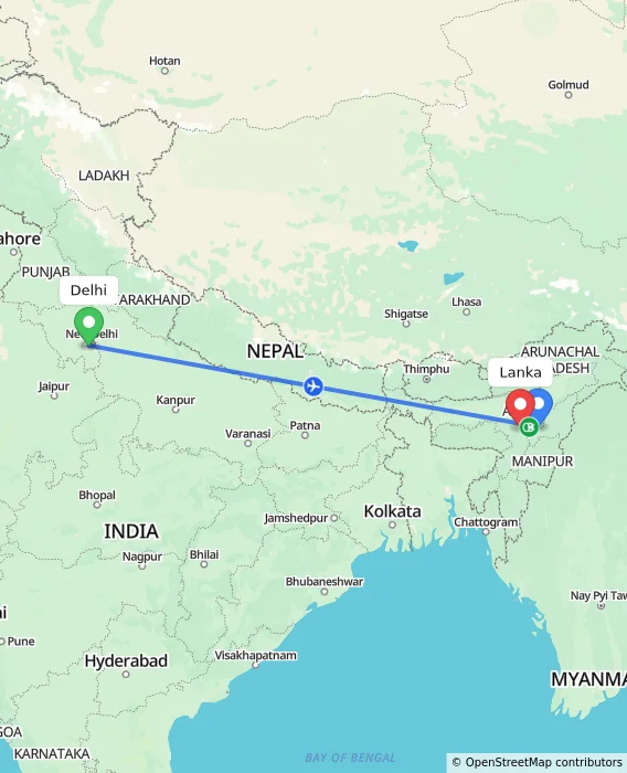 Route map showing distance and travel time from Delhi, India to Lanka, India