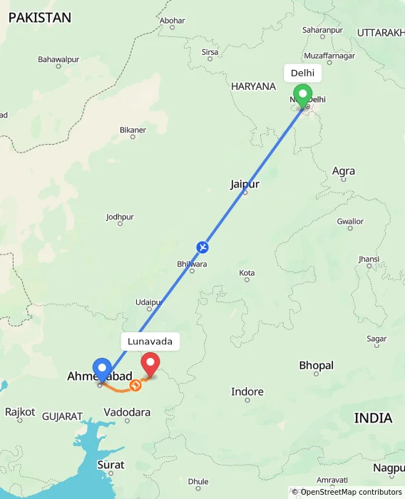 Route map showing distance and travel time from Delhi, India to Lunavada, India