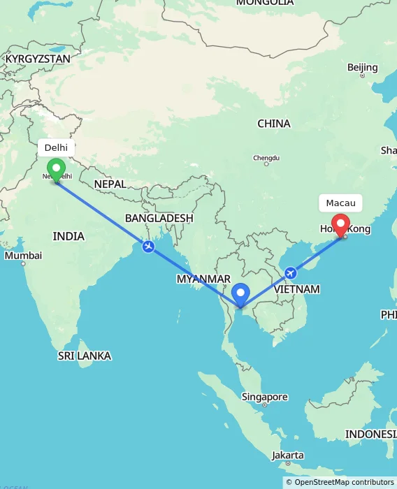 Route map showing distance and travel time from Delhi, India to Macau, Macau (Special Administrative Region of China)