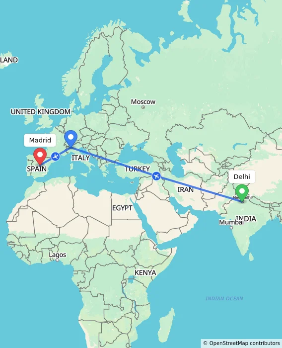 Route map showing distance and travel time from Delhi, India to Madrid, Spain