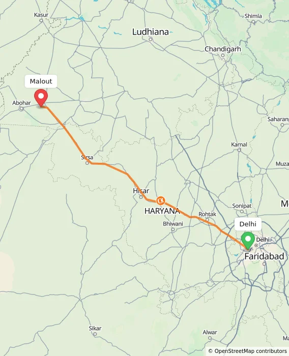 Route map showing distance and travel time from Delhi, India to Malout, India