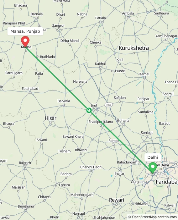 Route map showing distance and travel time from Delhi, India to Mansa, Punjab, India