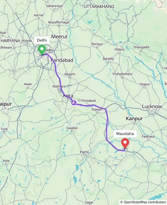 Route map showing distance and travel time from Delhi, India to Maudaha, India