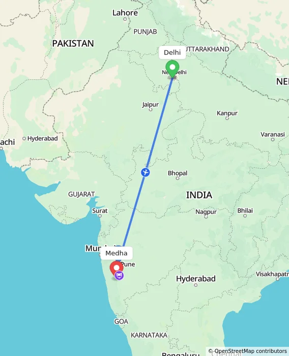 Route map showing distance and travel time from Delhi, India to Medha, India