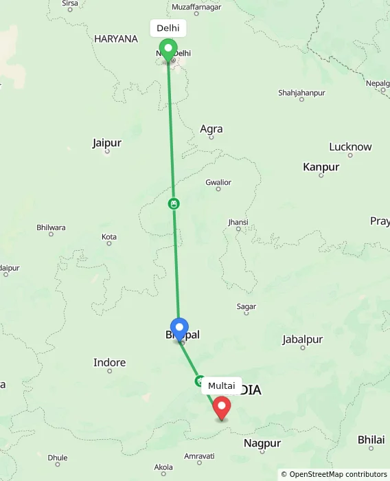 Route map showing distance and travel time from Delhi, India to Multai, India