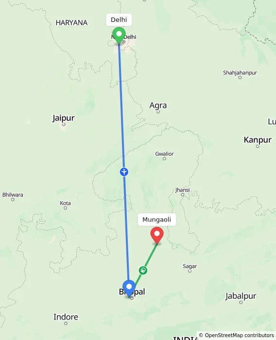 Route map showing distance and travel time from Delhi, India to Mungaoli, India