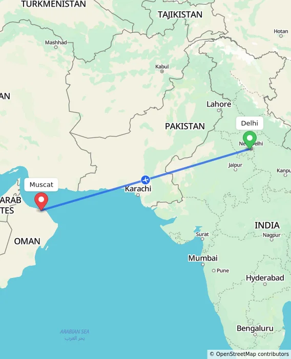 Route map showing distance and travel time from Delhi, India to Muscat, Oman