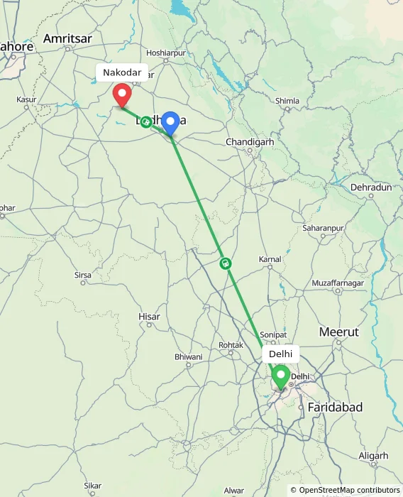 Route map showing distance and travel time from Delhi, India to Nakodar, India