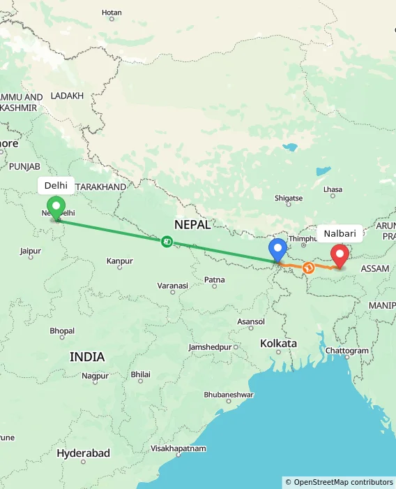 Route map showing distance and travel time from Delhi, India to Nalbari, India