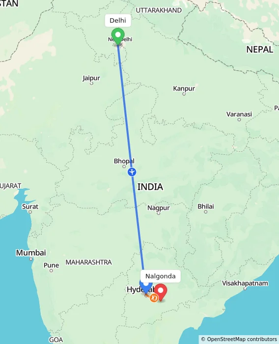 Route map showing distance and travel time from Delhi, India to Nalgonda, India