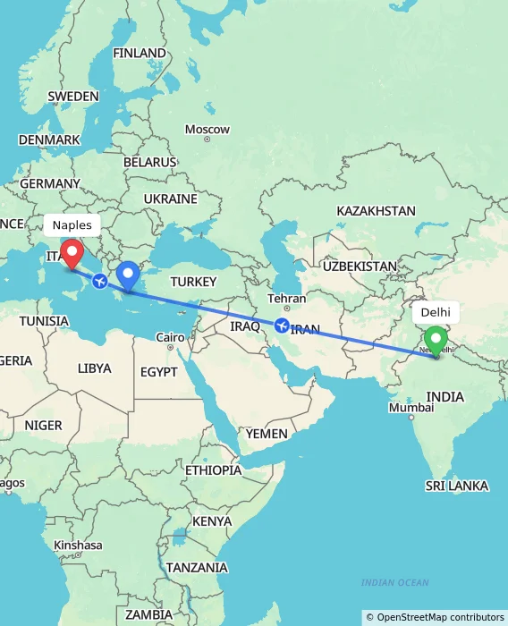 Route map showing distance and travel time from Delhi, India to Naples, Italy