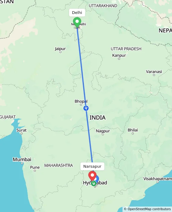 Route map showing distance and travel time from Delhi, India to Narsapur, India