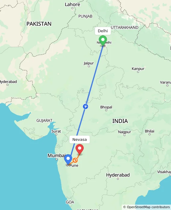 Route map showing distance and travel time from Delhi, India to Nevasa, India