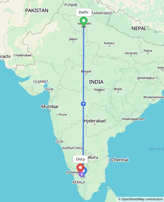 Route map showing distance and travel time from Delhi, India to Ooty, India