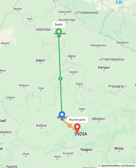 Route map showing distance and travel time from Delhi, India to Pachmarhi, India