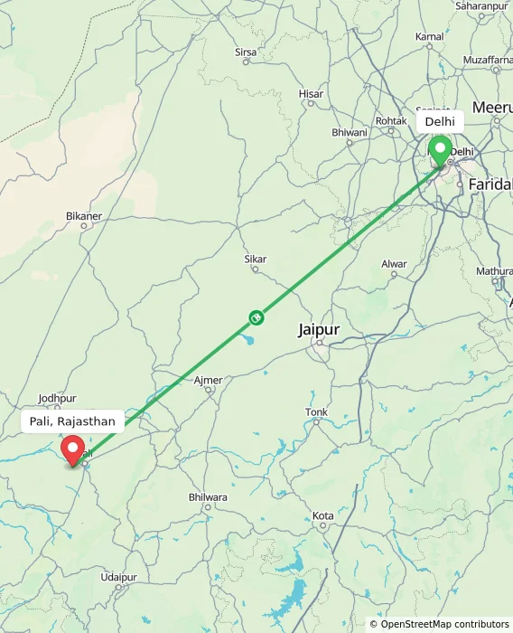 Route map showing distance and travel time from Delhi, India to Pali, Rajasthan, India