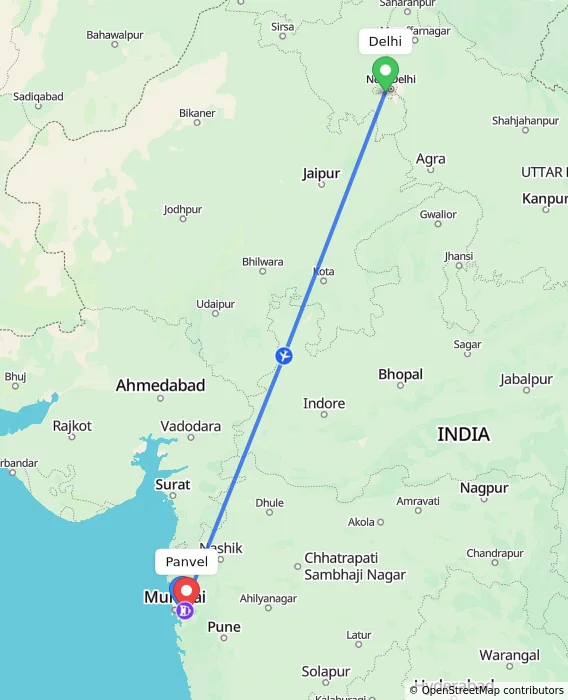 Route map showing distance and travel time from Delhi, India to Panvel, India