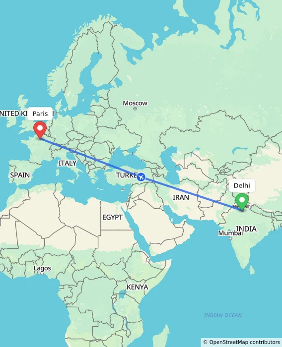 Route map showing distance and travel time from Delhi, India to Paris, France