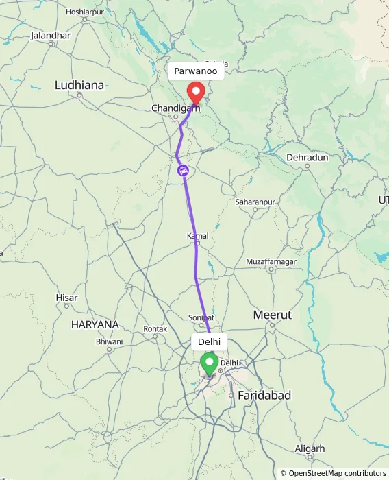 Route map showing distance and travel time from Delhi, India to Parwanoo, India