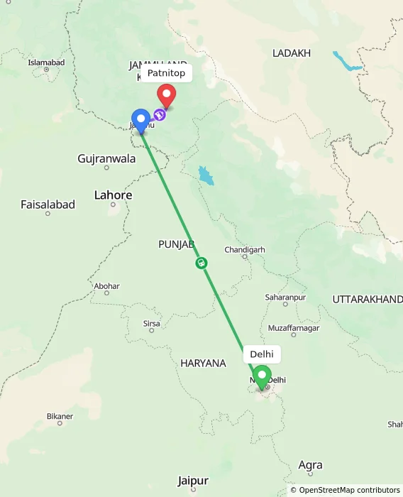 Route map showing distance and travel time from Delhi, India to Patnitop, India