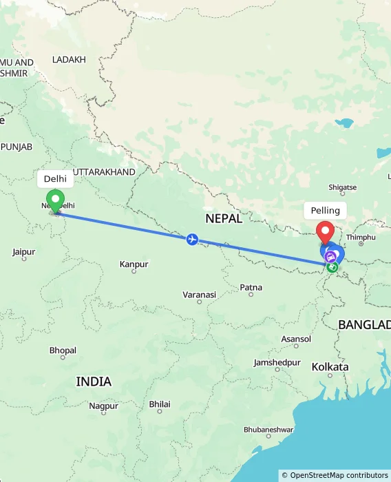Route map showing distance and travel time from Delhi, India to Pelling, India