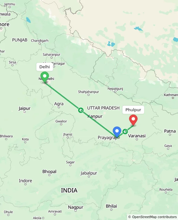Route map showing distance and travel time from Delhi, India to Phulpur, India