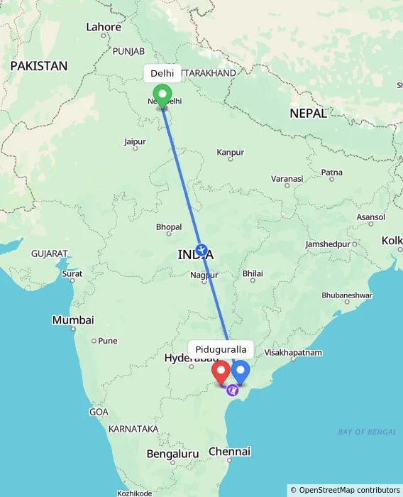 Route map showing distance and travel time from Delhi, India to Piduguralla, India